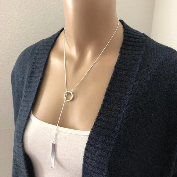 Silver Bar & Circle Snakechain Lariat Necklace - Picture 5 of 6